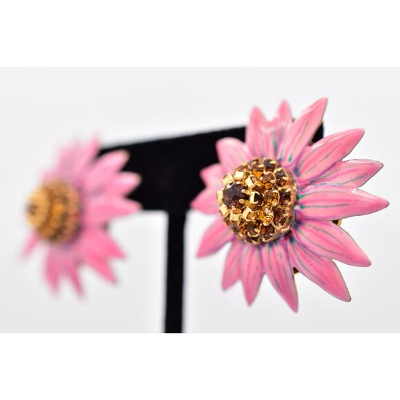 Lunch at The Ritz Vintage Pink Purple Dip Cone Flower Earrings Post Signed BinAZ - Picture 2 of 12